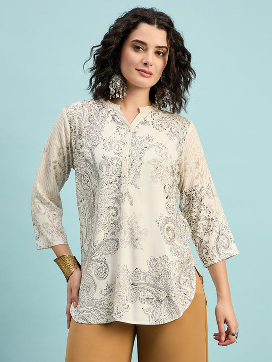 TC 1508 Vintage Paisley Printed Modal Tunic Top  Ecru