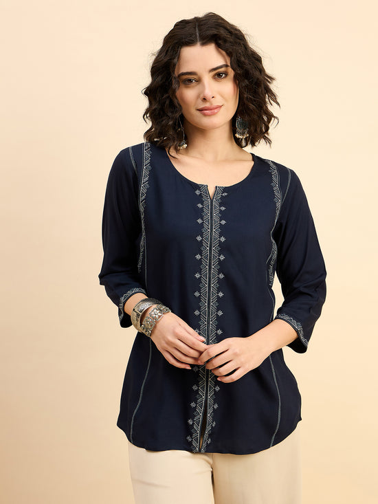 TP 1482 Geometric Thread Embroidered Modal Top  Midnight Navy