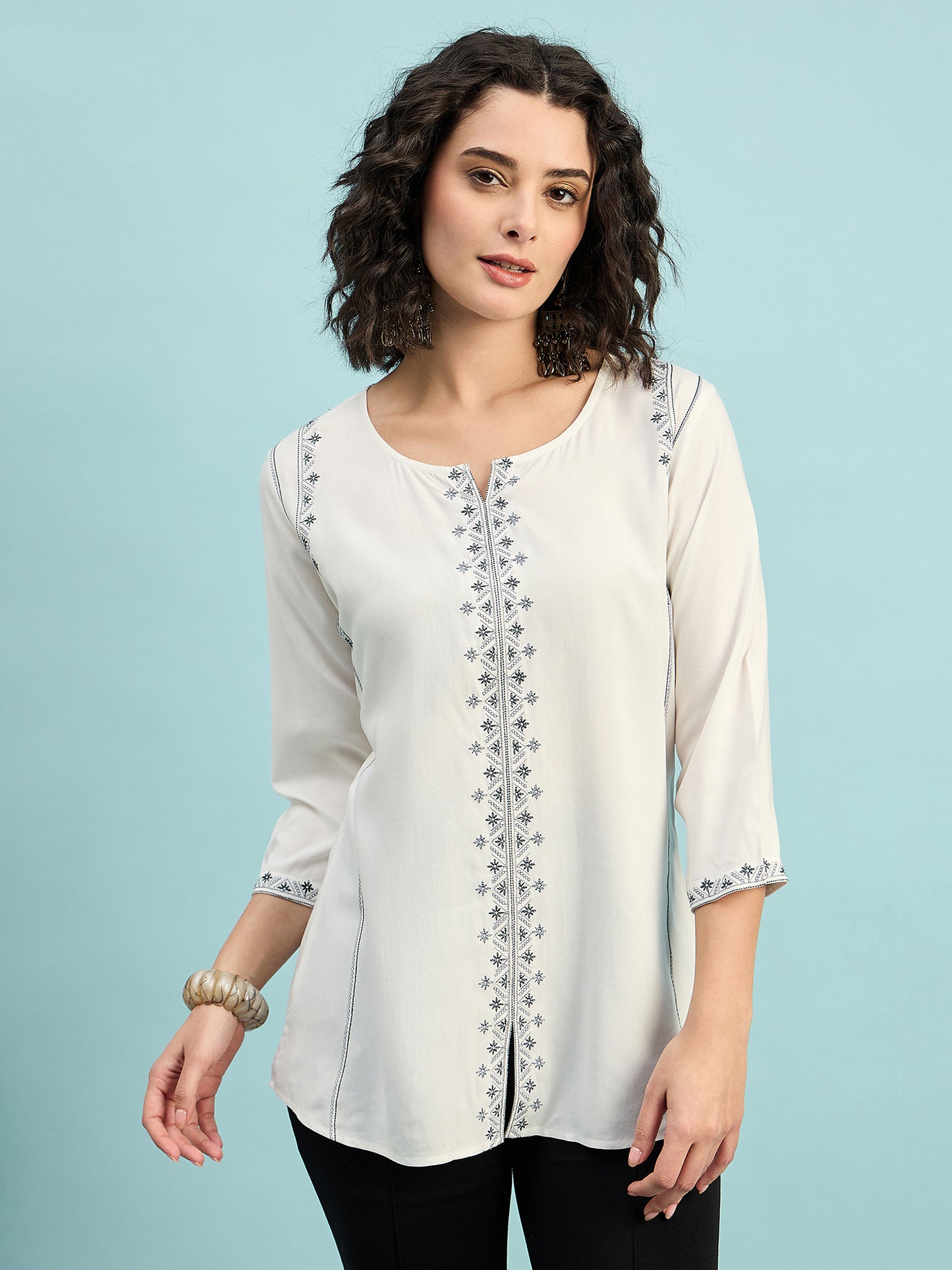 TP 1482 Geometric Thread Embroidered Modal Top  Pearl White