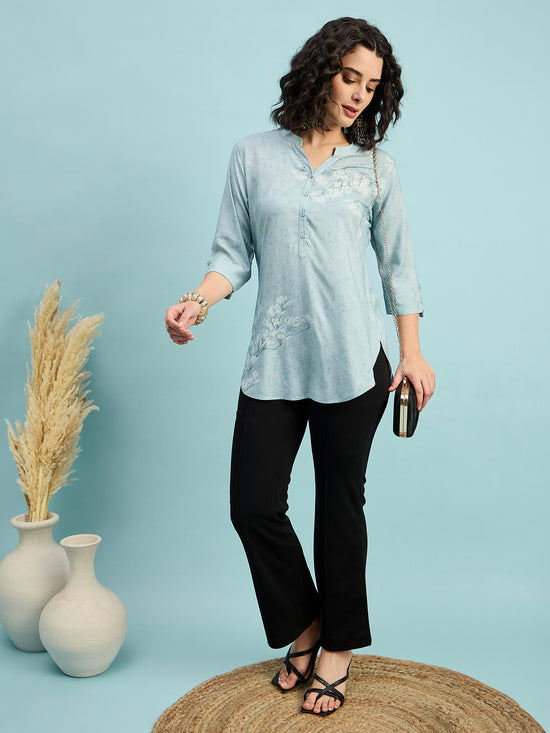 TC 1509 Blossom Breeze Printed Modal Tunic Top Ice Blue