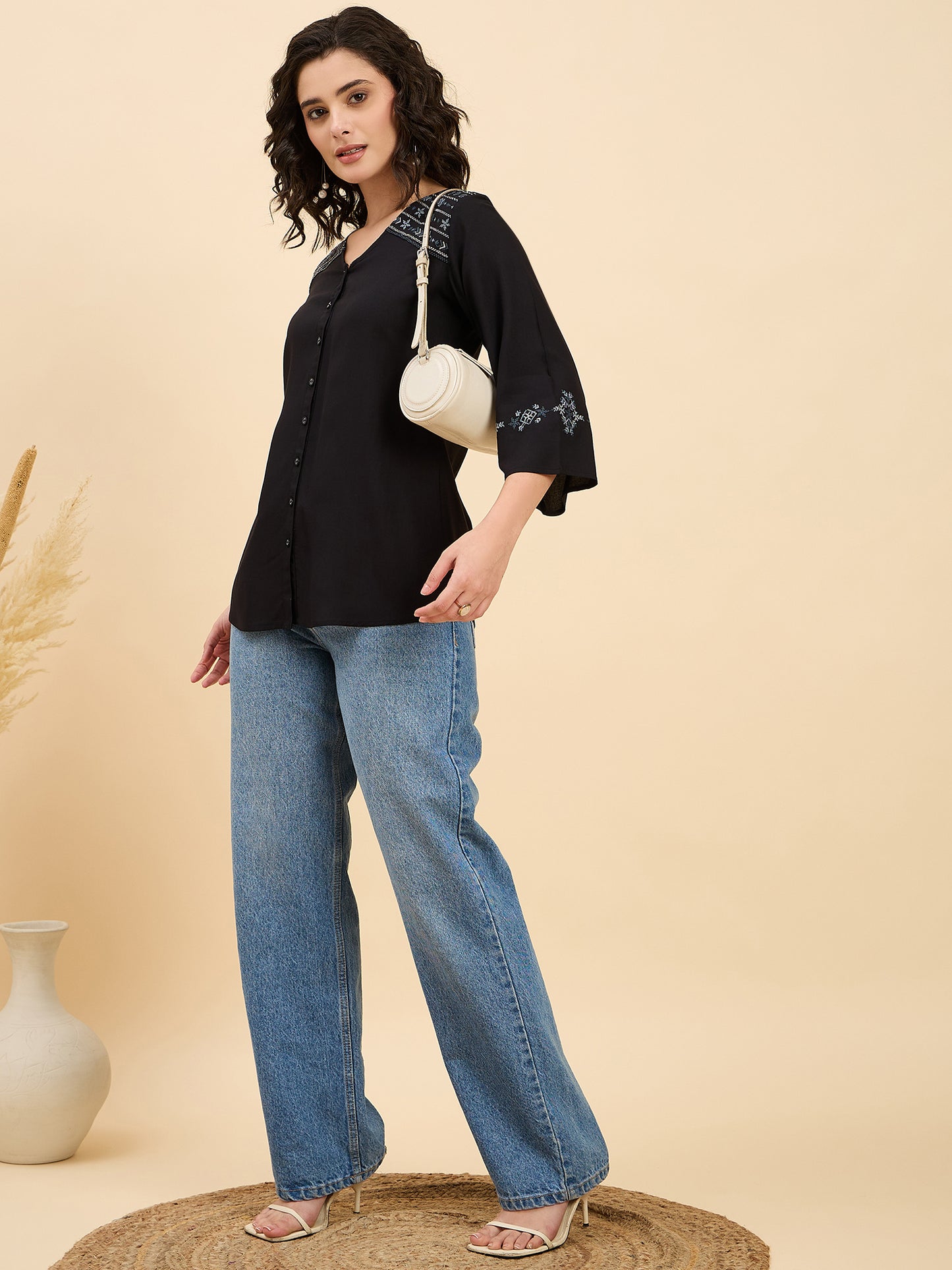 TP 1505 Tribal Shoulder Embroidered Modal Top  Ink Black