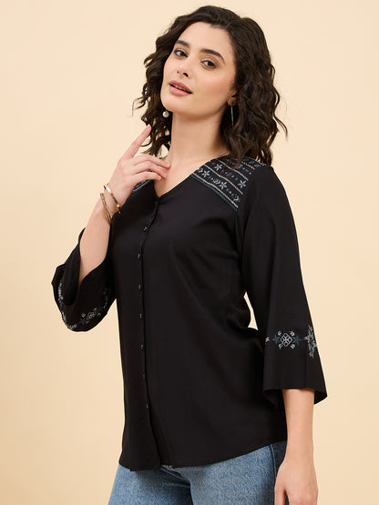 TP 1505 Tribal Shoulder Embroidered Modal Top  Ink Black