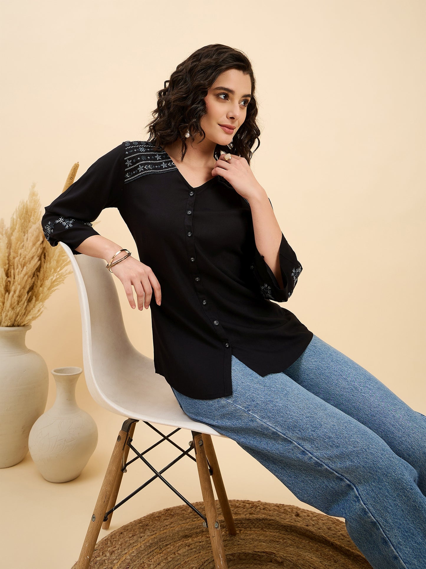 TP 1505 Tribal Shoulder Embroidered Modal Top  Ink Black