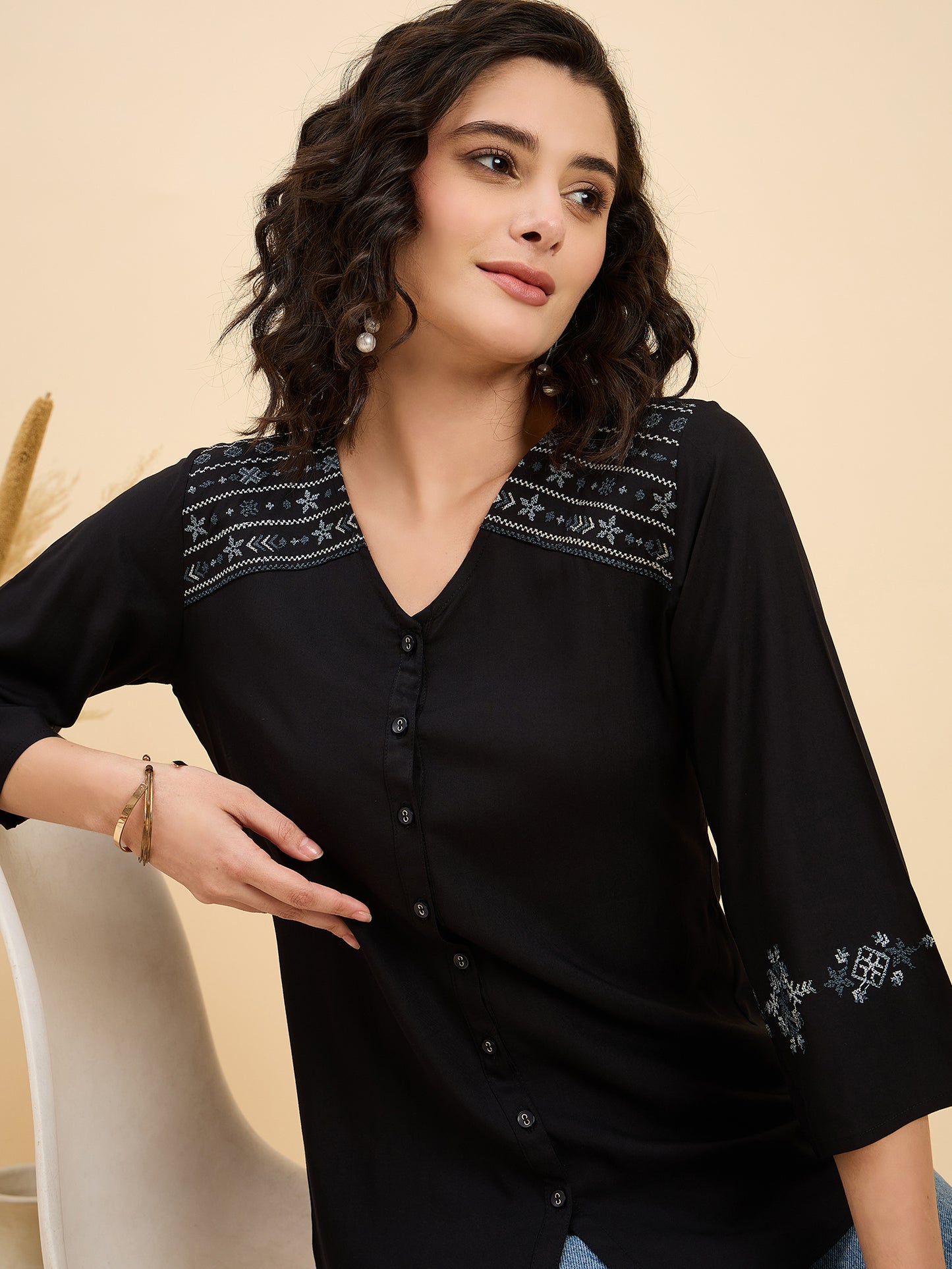 TP 1505 Tribal Shoulder Embroidered Modal Top  Ink Black
