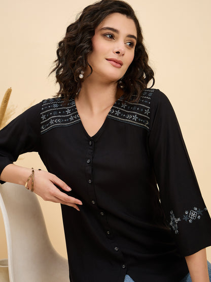 TP 1505 Tribal Shoulder Embroidered Modal Top  Ink Black