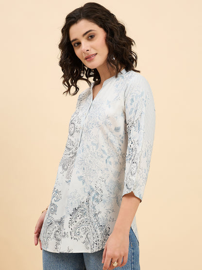 TC 1508 Vintage Paisley Printed Modal Tunic Top  Frosted Blue