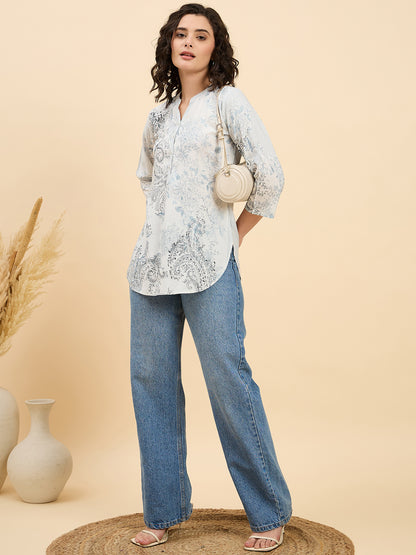 TC 1508 Vintage Paisley Printed Modal Tunic Top  Frosted Blue