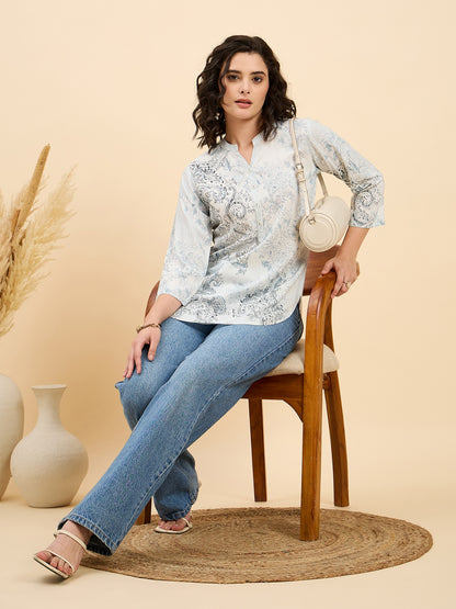 TC 1508 Vintage Paisley Printed Modal Tunic Top  Frosted Blue