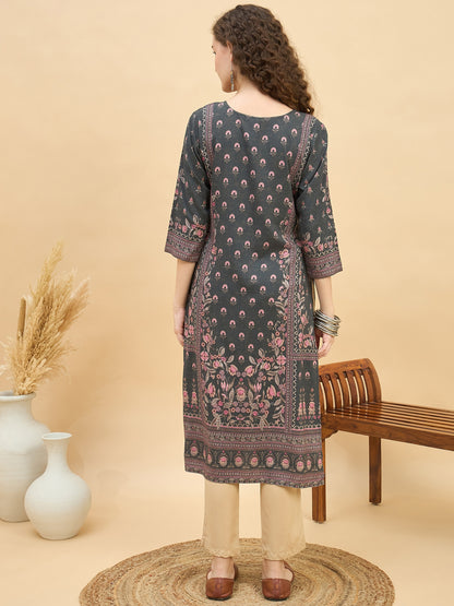 KI 1523 Ornate Floral Print Premium Viscose Modal Kurti  Stone Grey