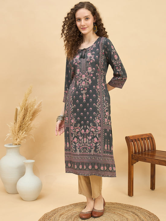KI 1523 Ornate Floral Print Premium Viscose Modal Kurti  Stone Grey