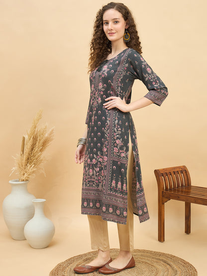KI 1523 Ornate Floral Print Premium Viscose Modal Kurti  Stone Grey