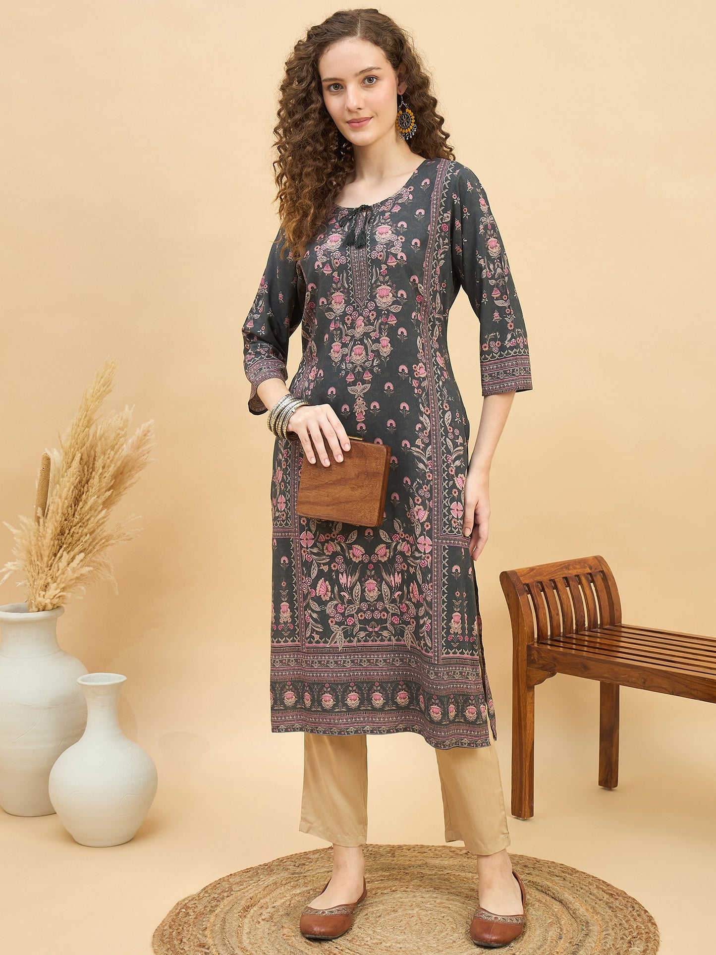 KI 1523 Ornate Floral Print Premium Viscose Modal Kurti  Stone Grey