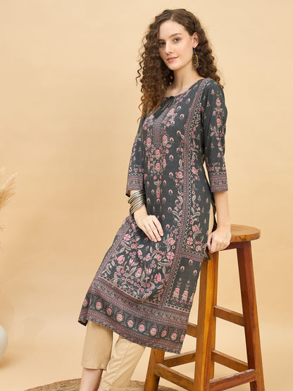 KI 1523 Ornate Floral Print Premium Viscose Modal Kurti  Stone Grey