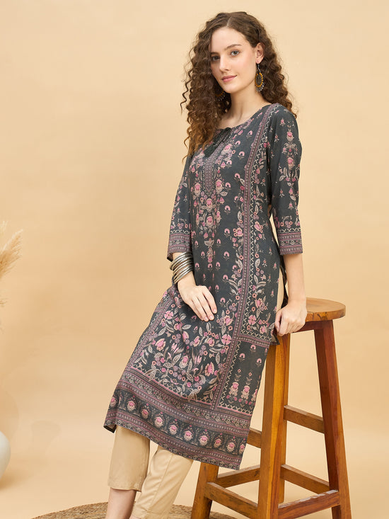 KI 1523 Ornate Floral Print Premium Viscose Modal Kurti  Stone Grey