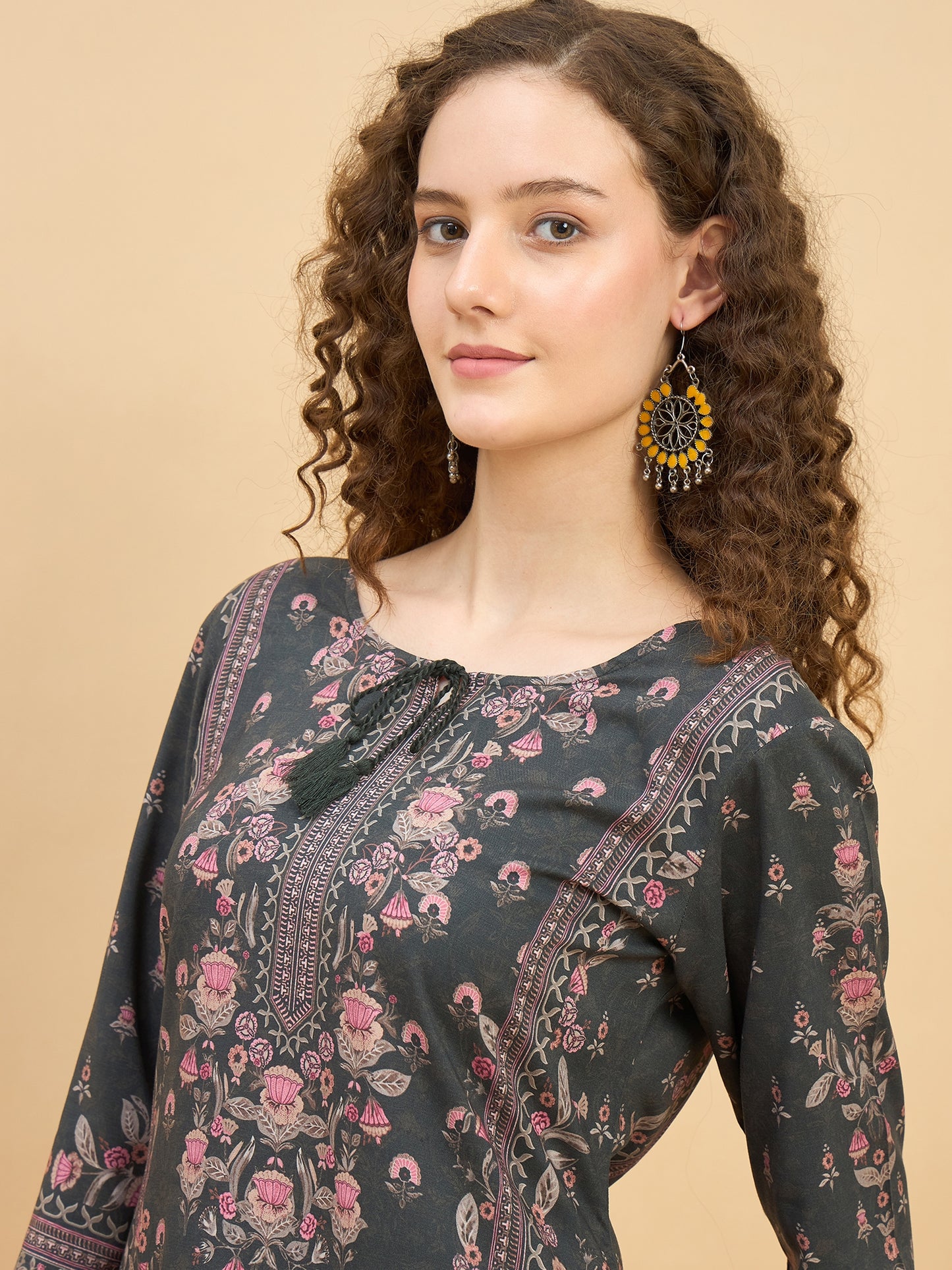 KI 1523 Ornate Floral Print Premium Viscose Modal Kurti  Stone Grey