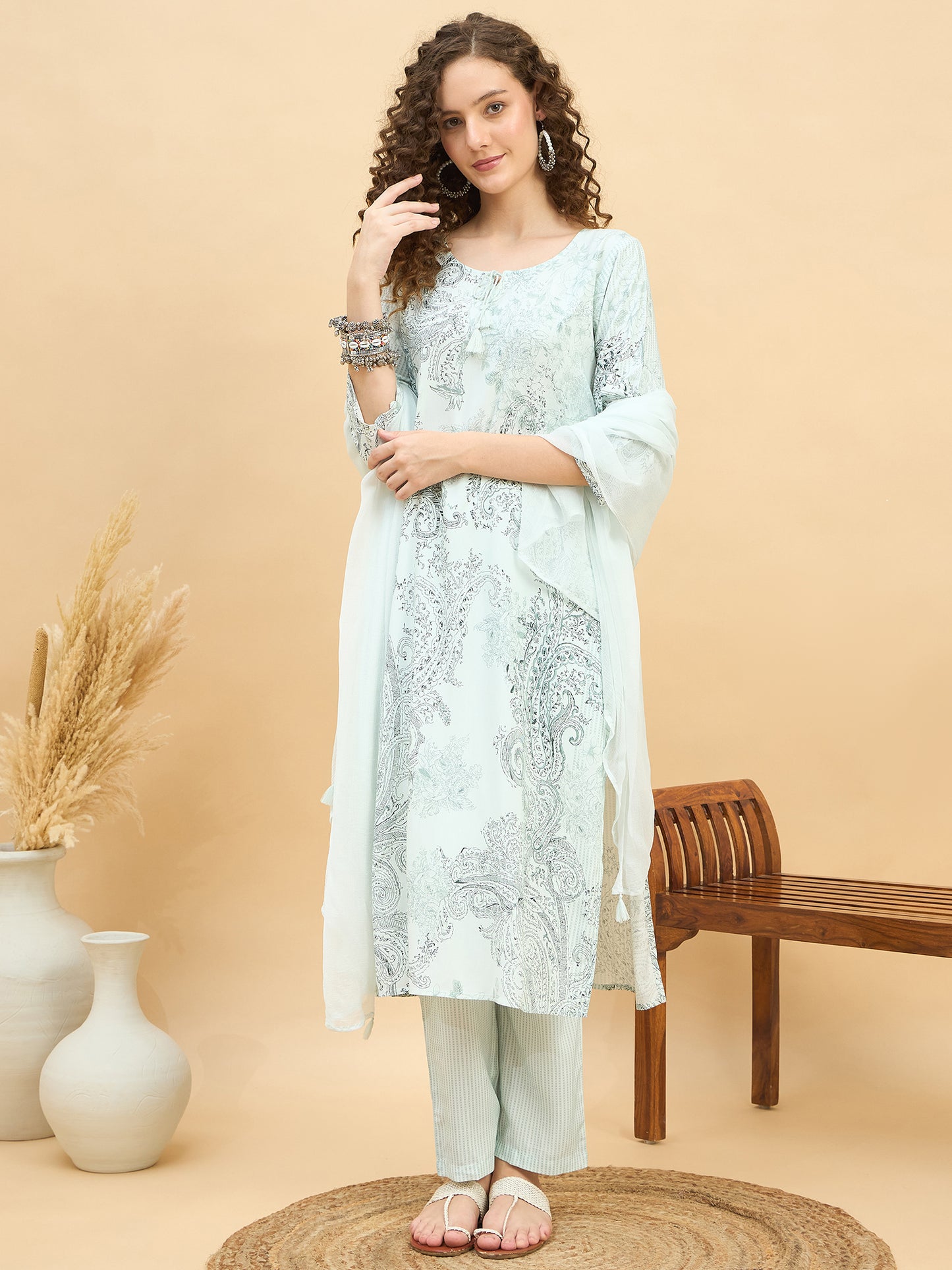 PKD 1508 Paisley Art Printed Modal Kurta Set  Fresh Mint