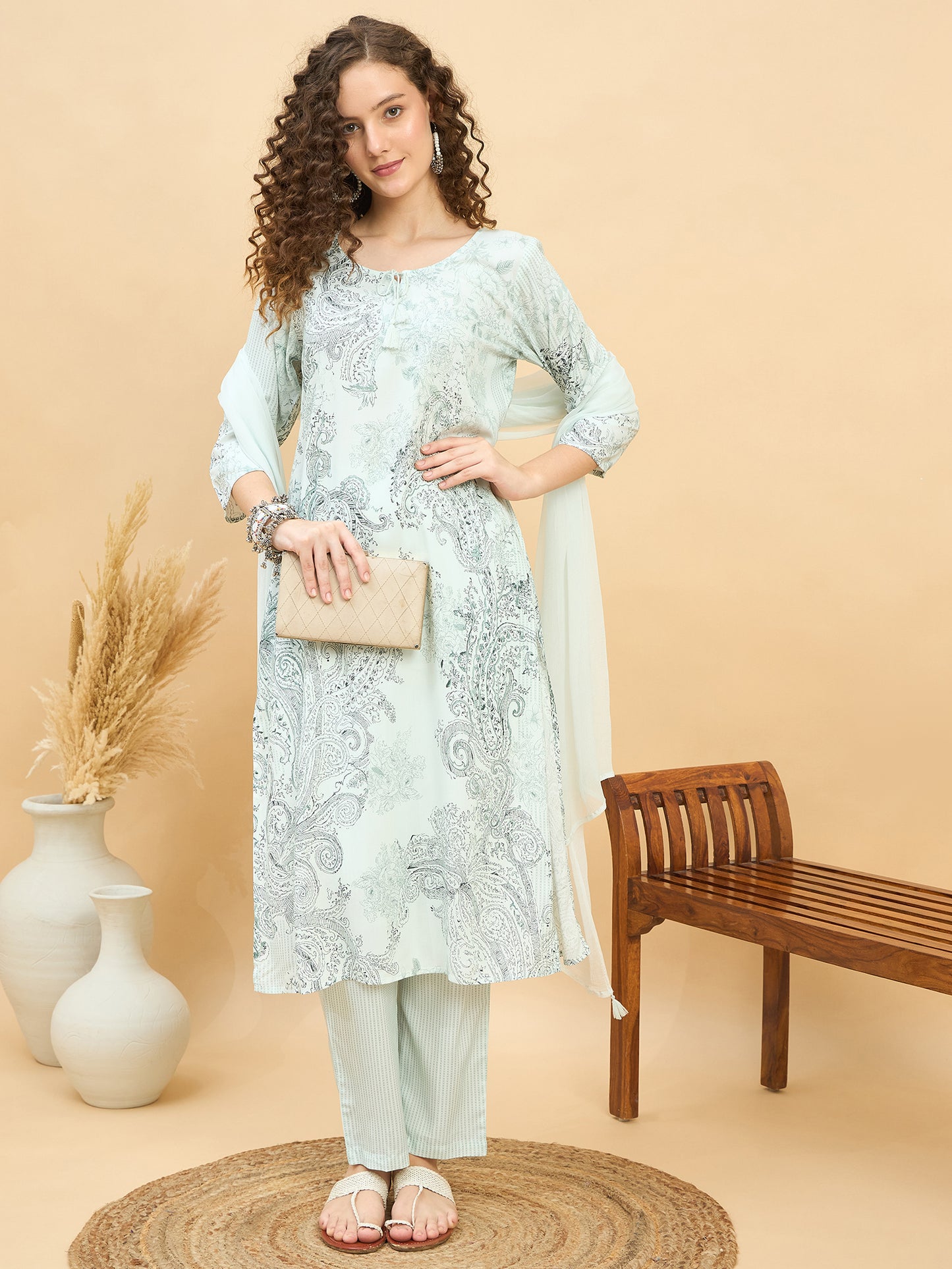 PKD 1508 Paisley Art Printed Modal Kurta Set  Fresh Mint