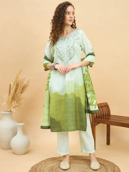 PKD 1514 Ombré Paisley Printed Poly Slub Kurta Set  Pista Bloom