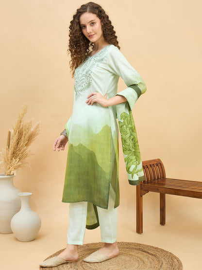 PKD 1514 Ombré Paisley Printed Poly Slub Kurta Set  Pista Bloom