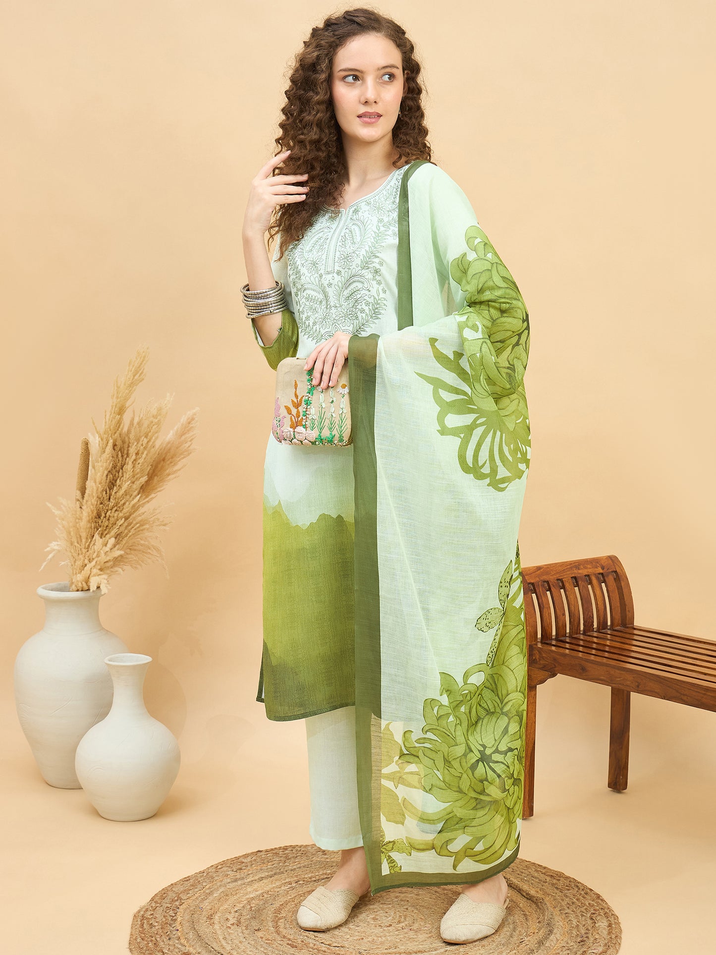 PKD 1514 Ombré Paisley Printed Poly Slub Kurta Set  Pista Bloom