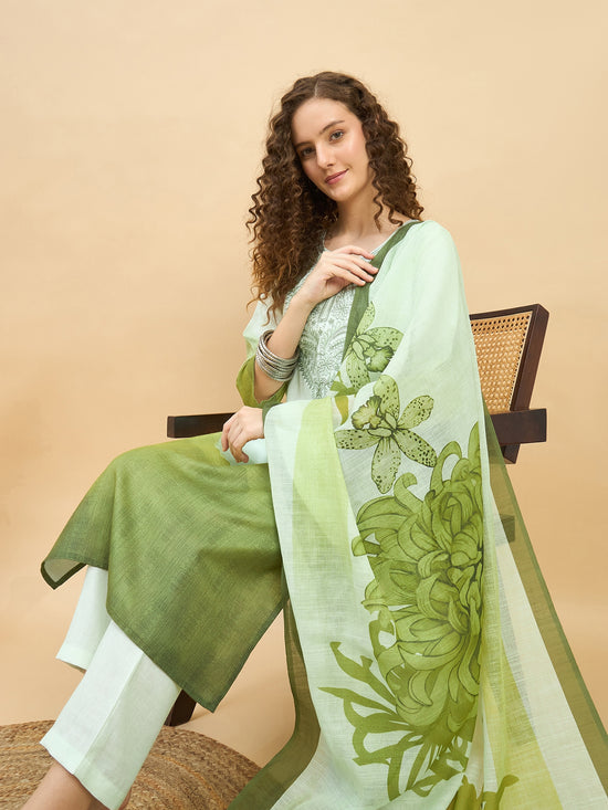 PKD 1514 Ombré Paisley Printed Poly Slub Kurta Set  Pista Bloom