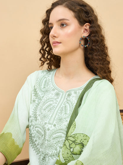 PKD 1514 Ombré Paisley Printed Poly Slub Kurta Set  Pista Bloom