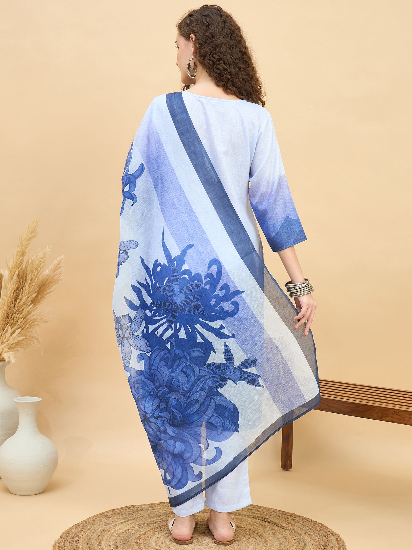 PKD 1514 Ombré Paisley Printed Poly Slub Kurta Set  Aqua Mist