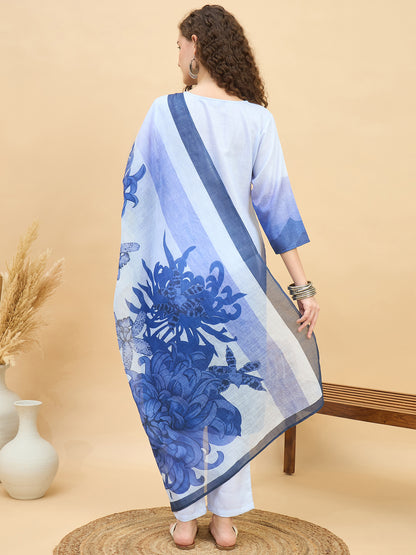 PKD 1514 Ombré Paisley Printed Poly Slub Kurta Set  Aqua Mist