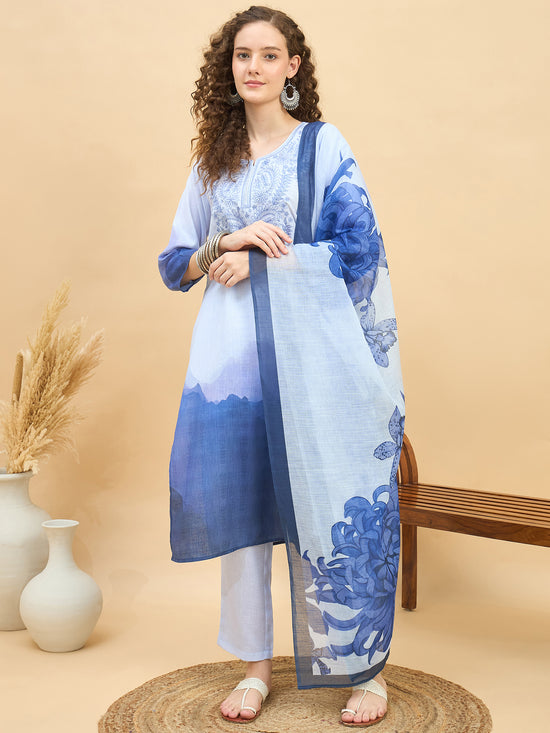 PKD 1514 Ombré Paisley Printed Poly Slub Kurta Set  Aqua Mist