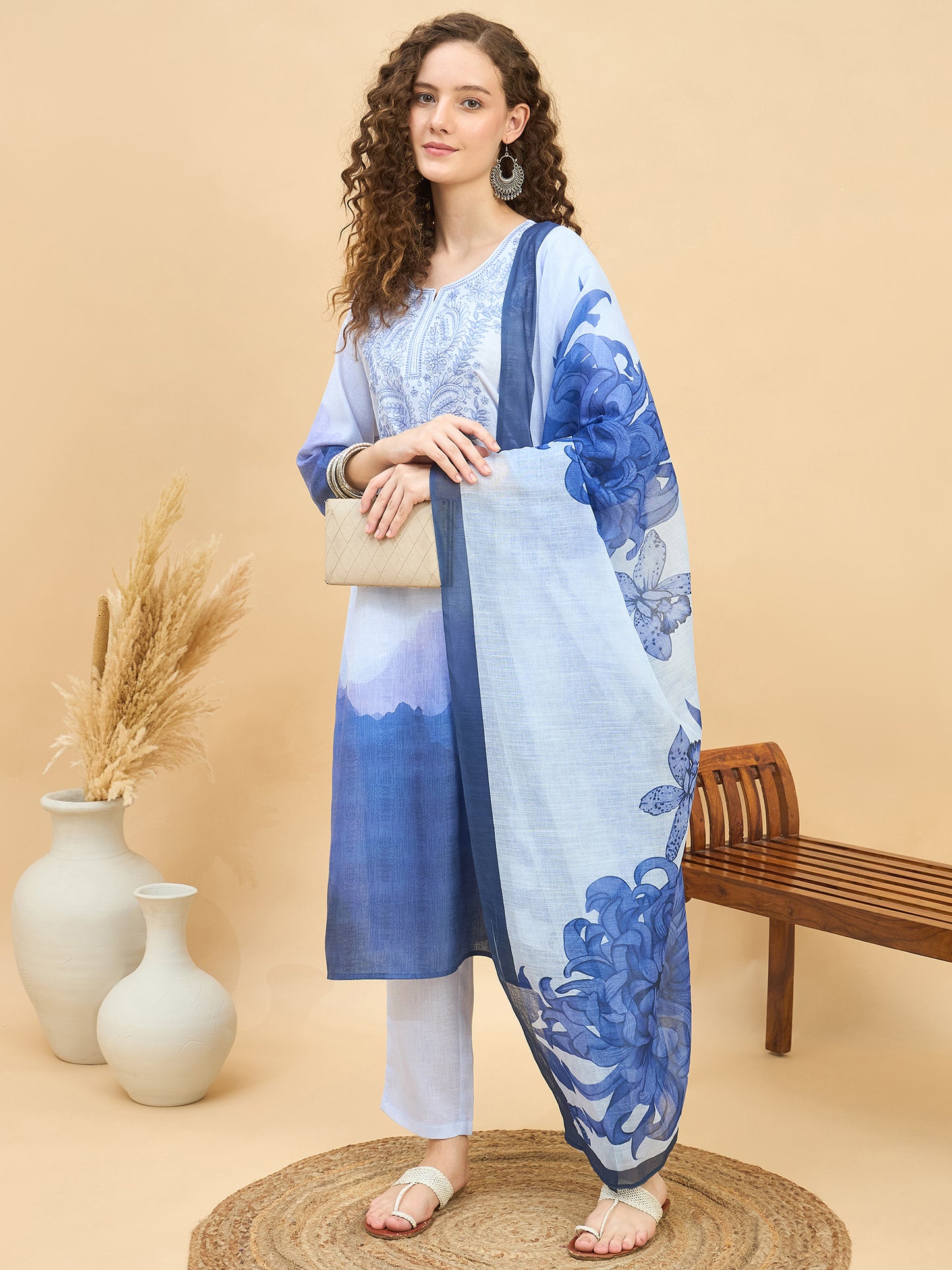 PKD 1514 Ombré Paisley Printed Poly Slub Kurta Set  Aqua Mist