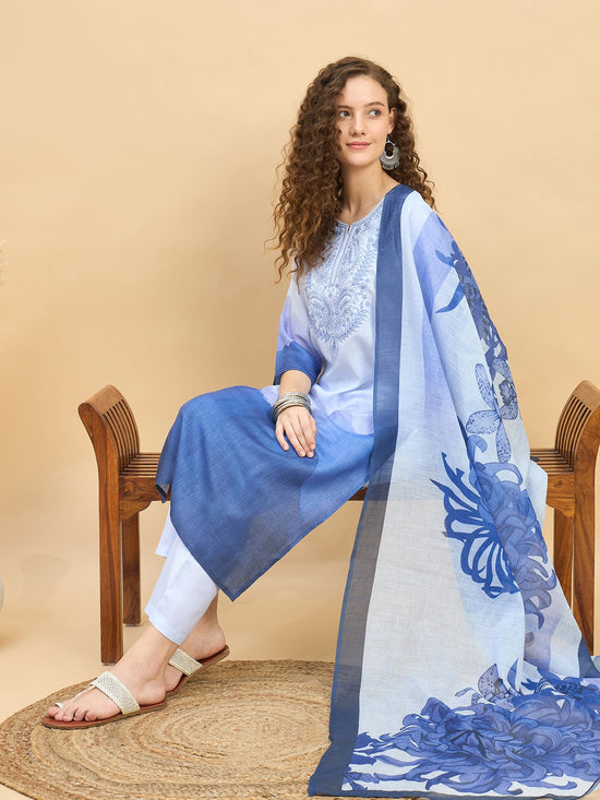 PKD 1514 Ombré Paisley Printed Poly Slub Kurta Set  Aqua Mist