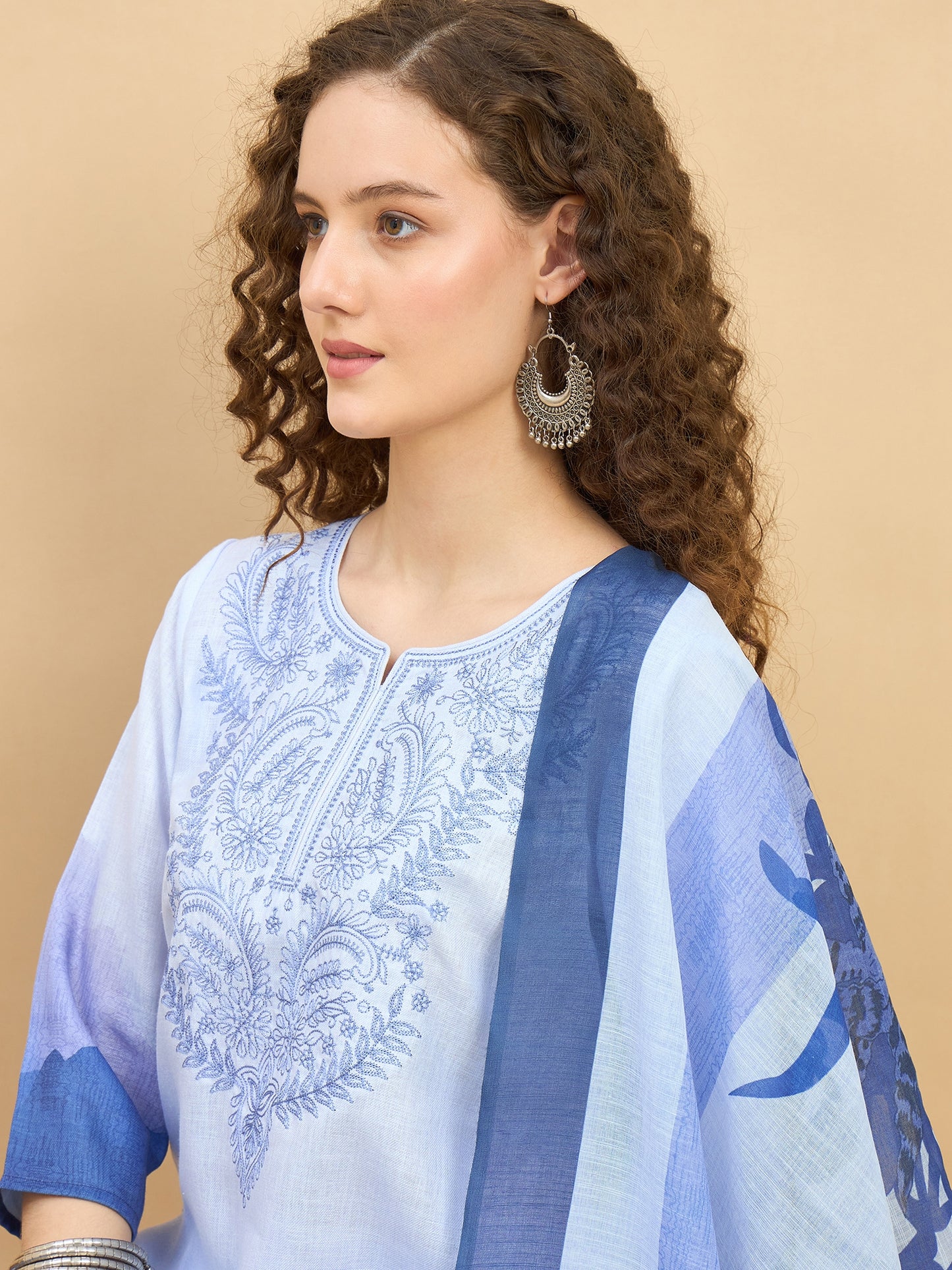 PKD 1514 Ombré Paisley Printed Poly Slub Kurta Set  Aqua Mist