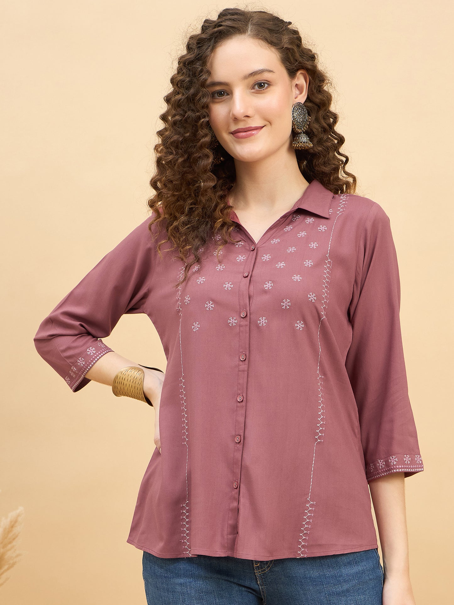 ST 1459 Threaded Detail Embroidered Modal Shirt  Brick Ember