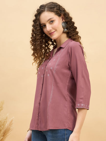 ST 1459 Threaded Detail Embroidered Modal Shirt  Brick Ember