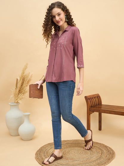 ST 1459 Threaded Detail Embroidered Modal Shirt  Brick Ember