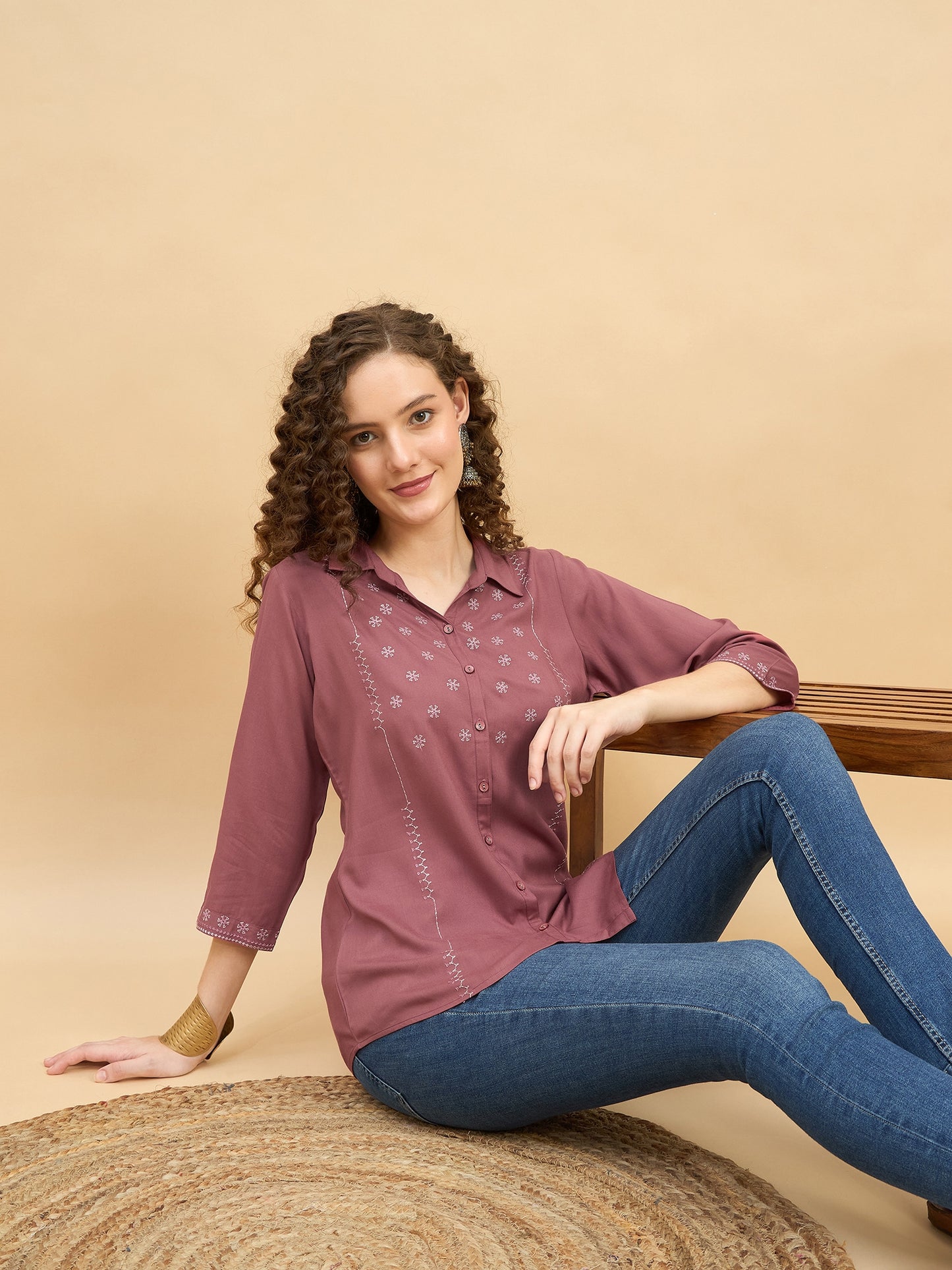ST 1459 Threaded Detail Embroidered Modal Shirt  Brick Ember
