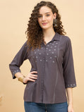 ST 1459 Threaded Detail Embroidered Modal Shirt  Ash Grey Mist