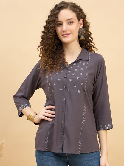 ST 1459 Threaded Detail Embroidered Modal Shirt  Ash Grey Mist