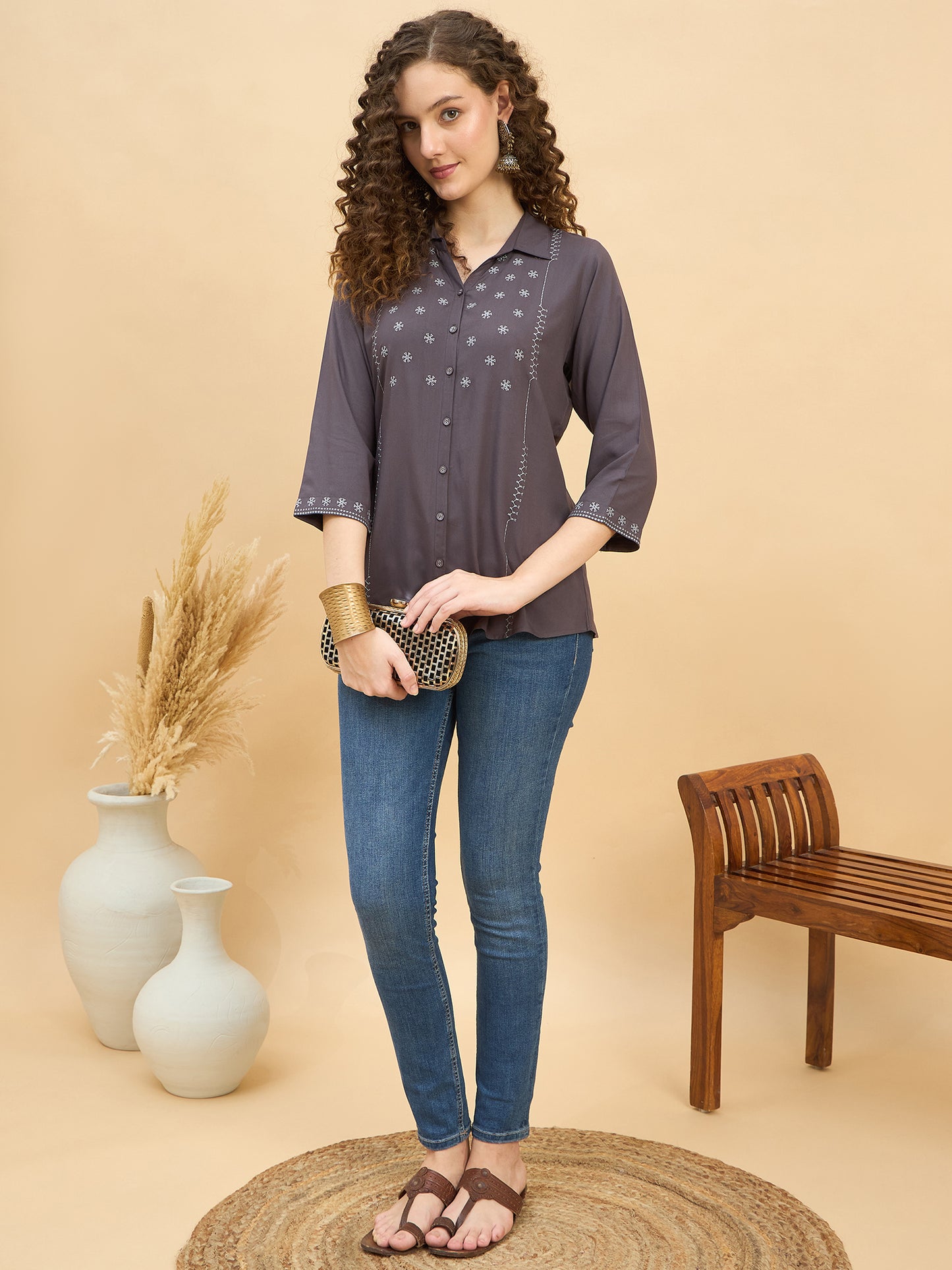 ST 1459 Threaded Detail Embroidered Modal Shirt  Ash Grey Mist