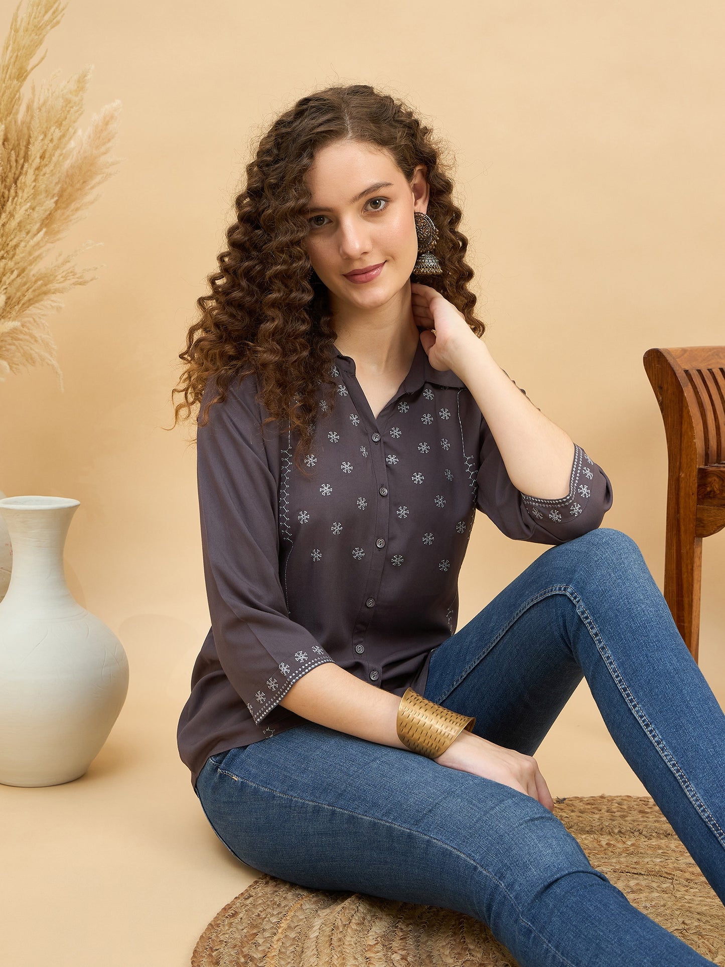 ST 1459 Threaded Detail Embroidered Modal Shirt  Ash Grey Mist