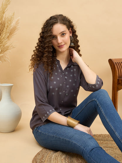 ST 1459 Threaded Detail Embroidered Modal Shirt  Ash Grey Mist