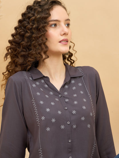 ST 1459 Threaded Detail Embroidered Modal Shirt  Ash Grey Mist