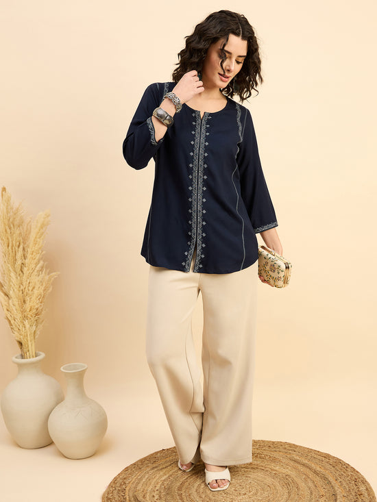 TP 1482 Geometric Thread Embroidered Modal Top  Midnight Navy