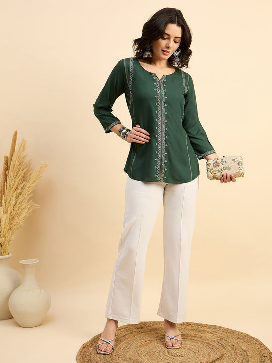 TP 1482 Geometric Thread Embroidered Modal Top  Meadow Green