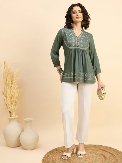 TP 1504 Floral Thread Embroidered Modal Top  Meadow Green