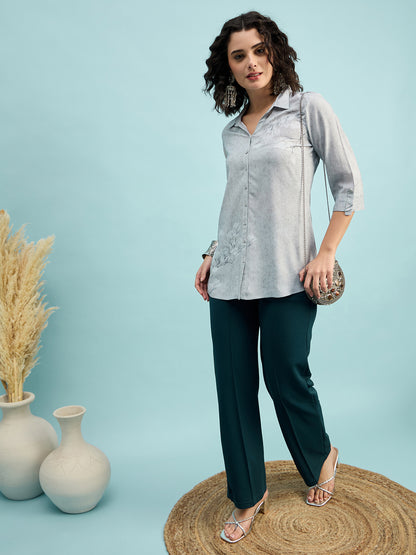 ST 1509 Floral Whisper Printed Modal Shirt  Cloud Grey