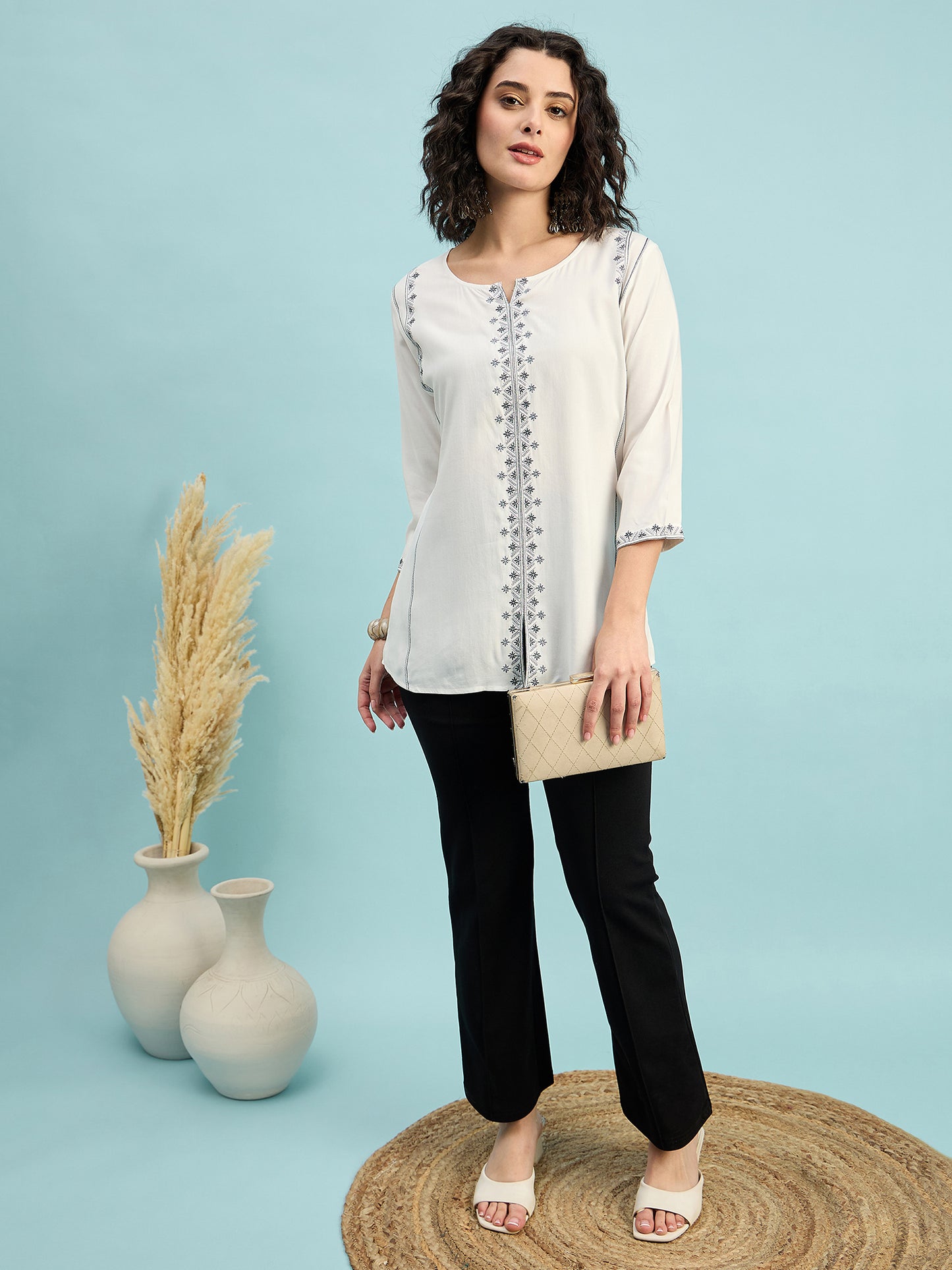TP 1482 Geometric Thread Embroidered Modal Top  Pearl White