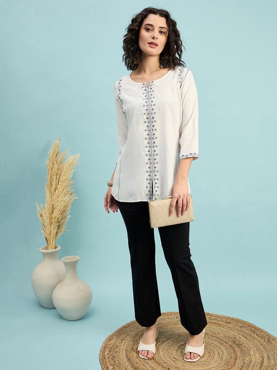 TP 1482 Geometric Thread Embroidered Modal Top  Pearl White