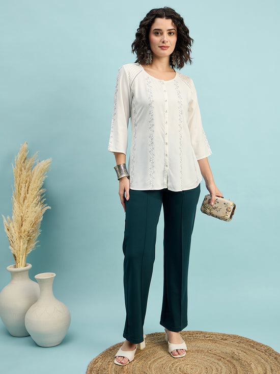 TP 1481 Vertical Thread Embroidered Modal Top  Pearl White