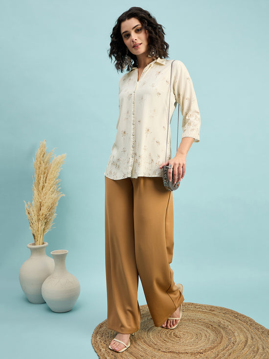 ST 1489 Botanical Breeze Printed Modal Shirt  Soft Ecru